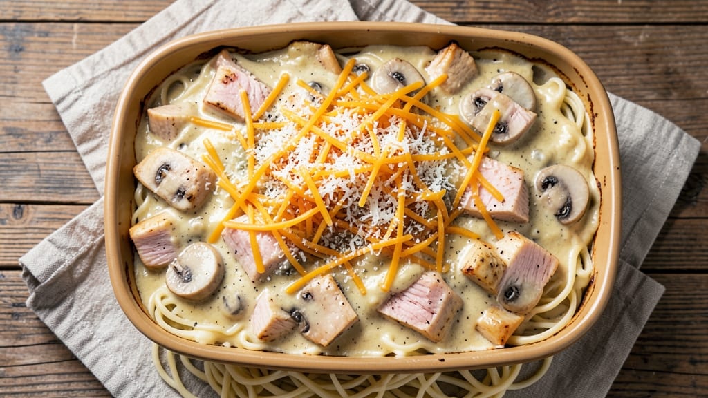 Campbell's Cream of Mushroom Chicken Casserole Recipe: Cheesy Crisp Top, Melty Mushroom Layers
