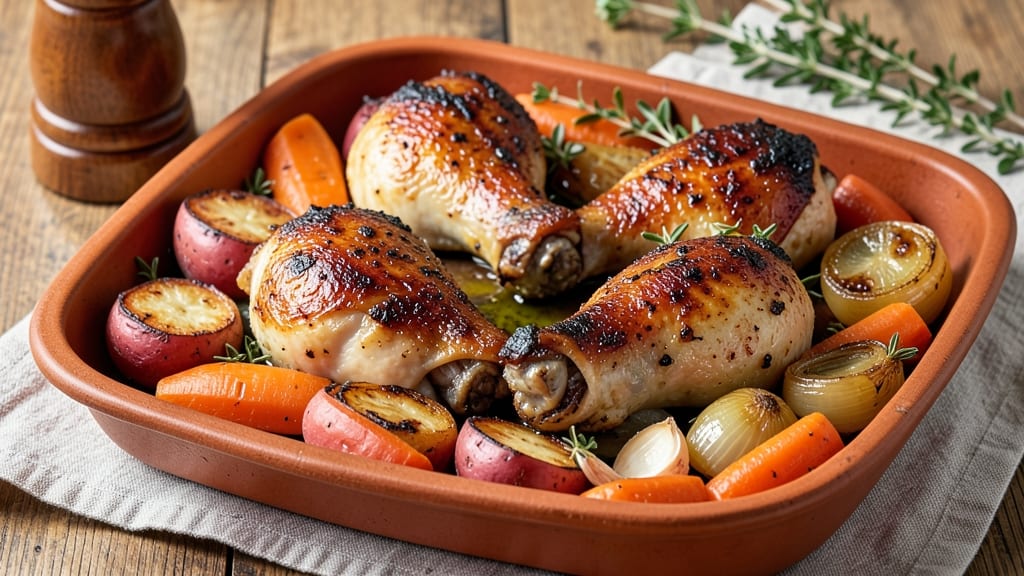 Baked Chicken Legs With Vegetables Recipe: Crispy-Skinned Roast With Caramelized Root Veggies