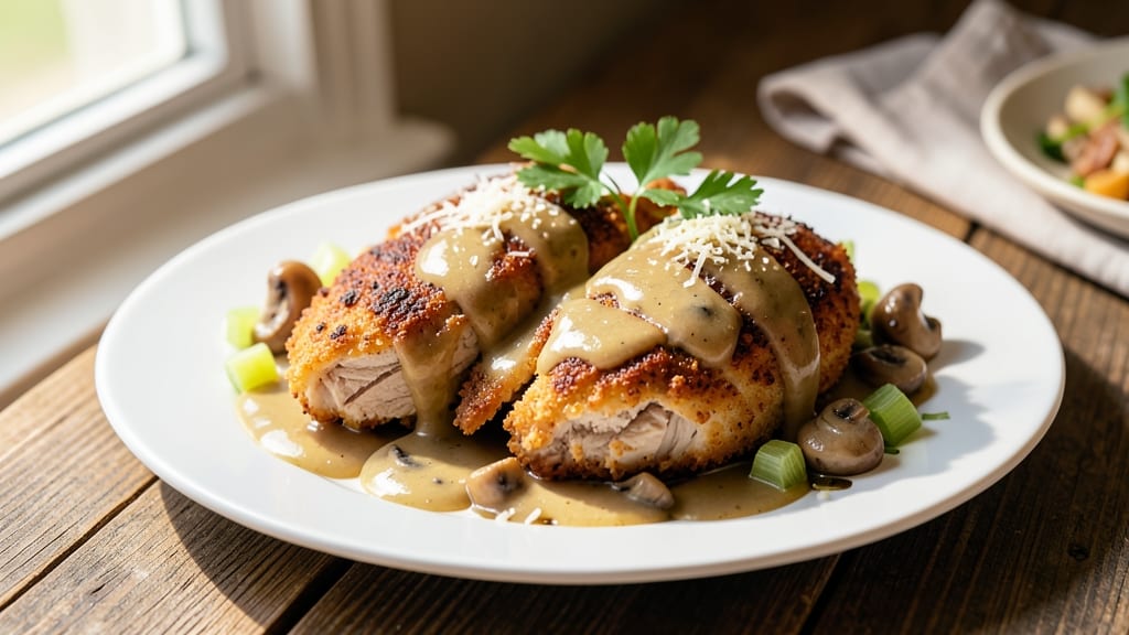 Baked Chicken Ala King Recipe: Crispy Parmesan-Celery Crown Over Creamy Tomato Gravy